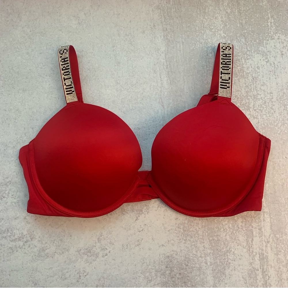 Victoria's Secret Red Padded Bra with Rhinestone Logo Straps